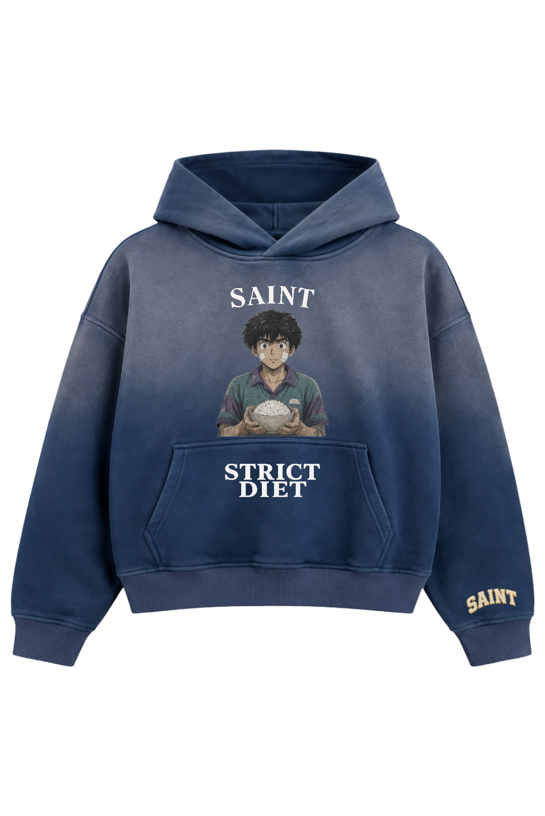 Strict Diet — acid wash navy hoodie, SAINT anime graphic